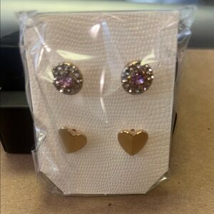 Avon Pink and Silver Heart & Crystal Stud Earring Set